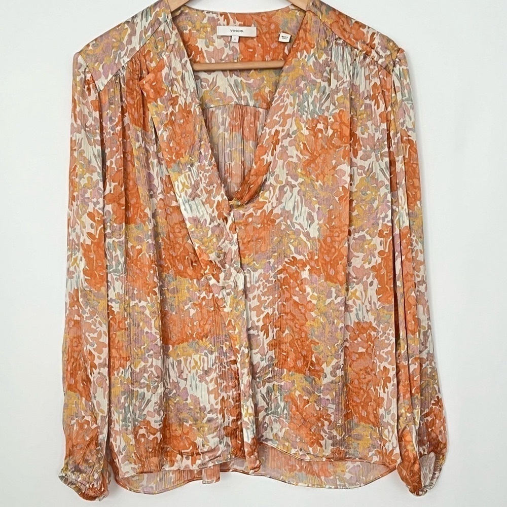 VINCE Silk Floral Print Long Sleeve Blouse Orange Fantasy Small - Picture 6 of 15